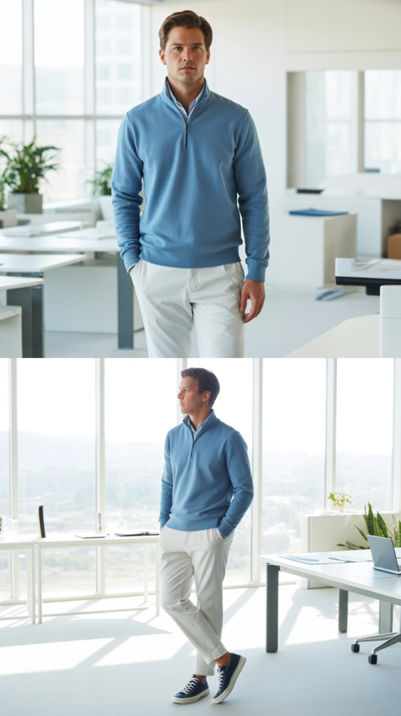 Light Blue Quarter-Zip with White Chinos