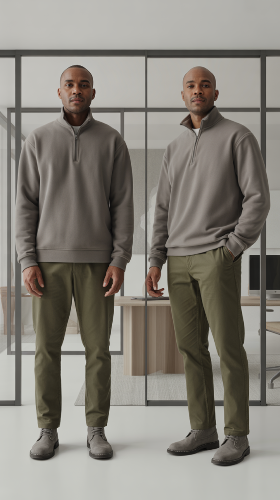 Steel Grey Quarter-Zip with Olive Chinos
