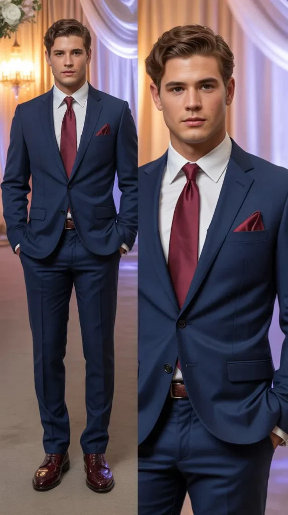 Navy Blue Suit with Burgundy Accessories