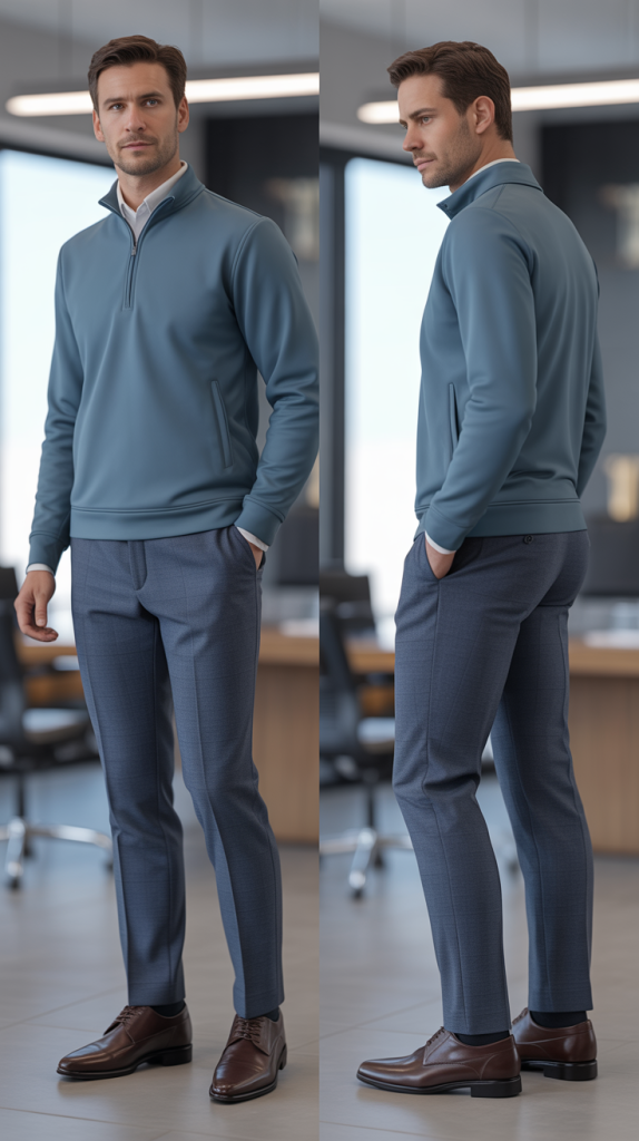 Slate Blue Quarter-Zip with Grey Flannel Trousers