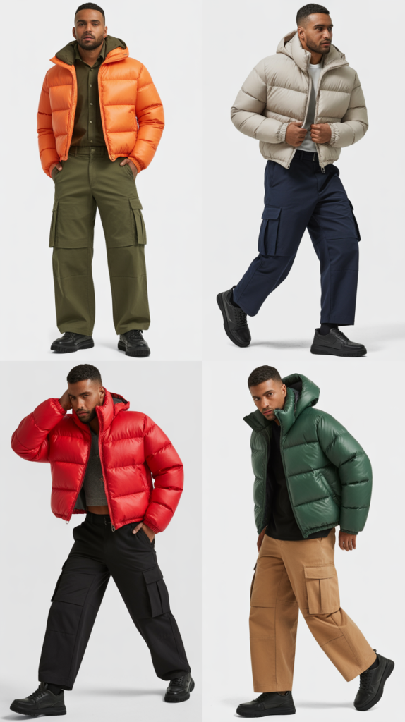 Utility Cargo Pants With Cropped Puffer Jacket