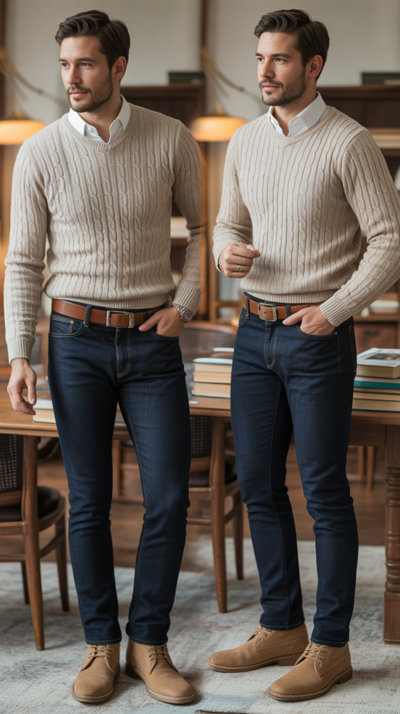 Textured Knit Sweater With Slim Dark Jeans