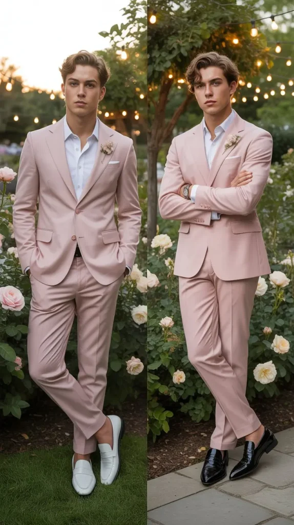 Pastel Pink Suit with Floral Lapel Pin