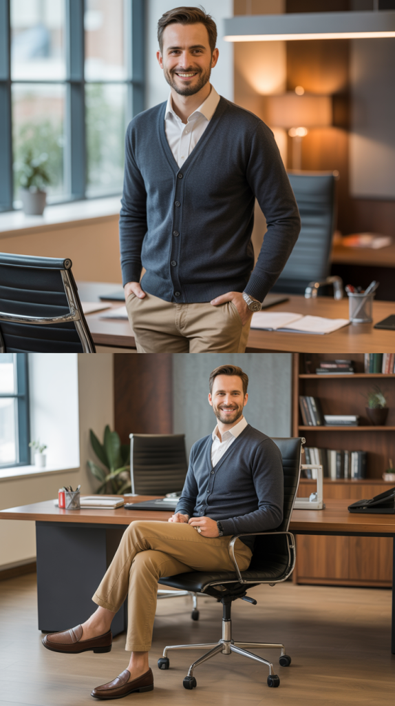 Cardigan Over Collared Shirt Configuration