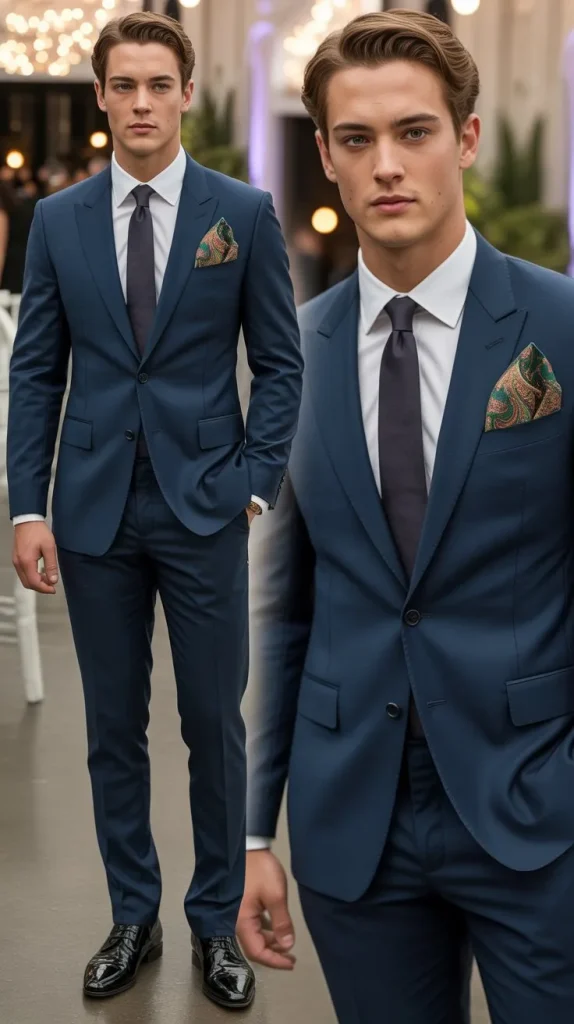 Navy Blue Suit with Patterned Pocket Square