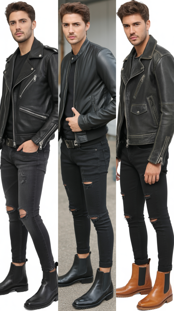 Leather Jacket With Ripped Black Jeans And Chelsea Boots