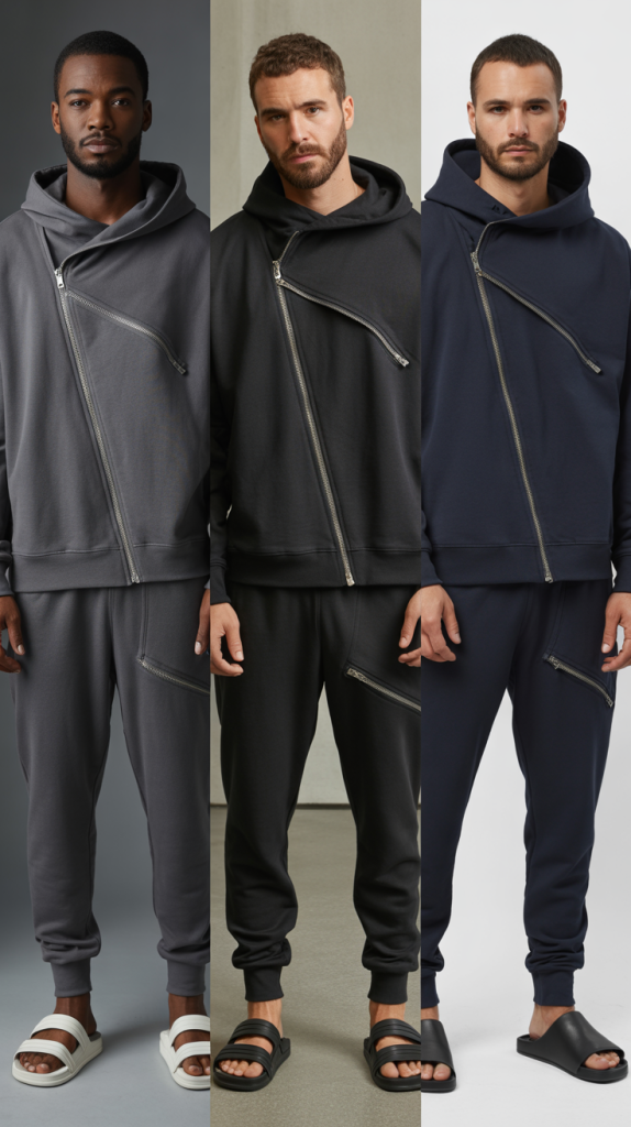 Asymmetric Zip Hoodie With Joggers And Slides