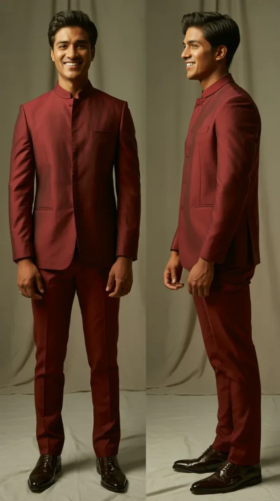 Red Nehru Collar or Mandarin Collar Suit