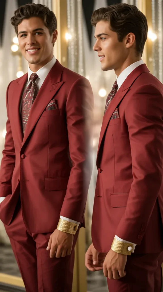 Red Suit with Bold Printed Pocket Square and Accessories