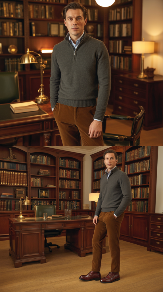 Charcoal Quarter-Zip with Brown Corduroy Pants