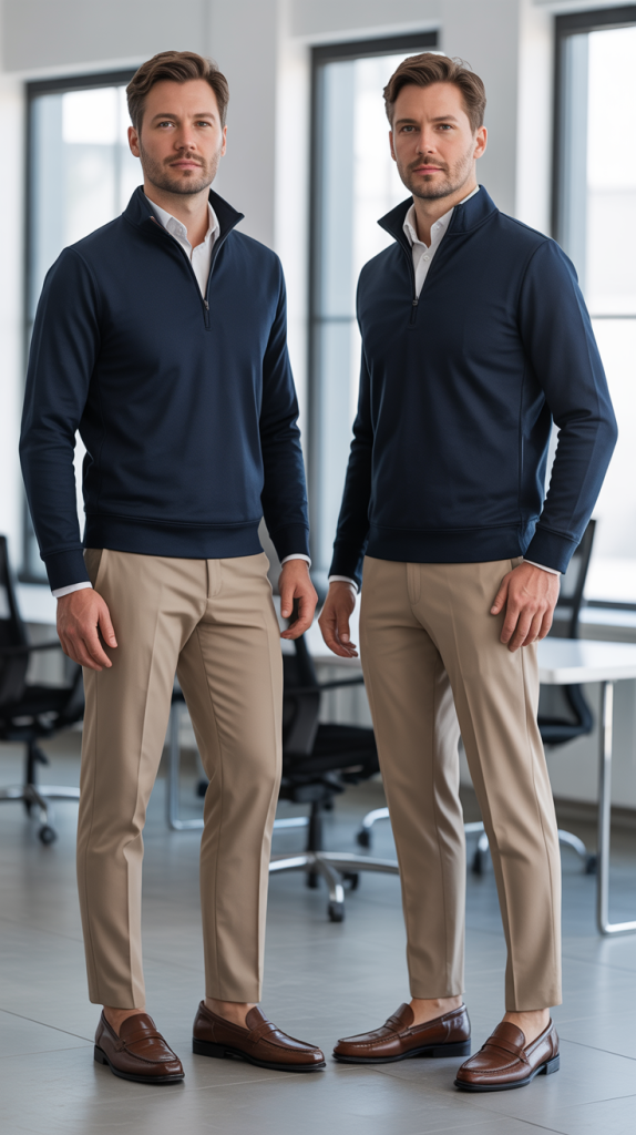 Classic Navy Quarter-Zip with Khaki Chinos
