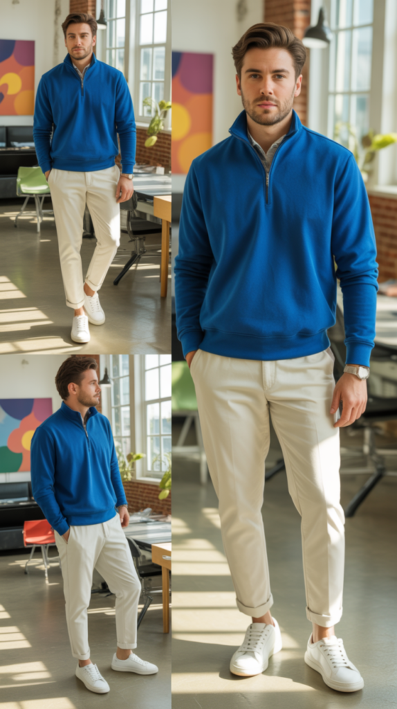 Cobalt Blue Quarter-Zip with Cream Chinos