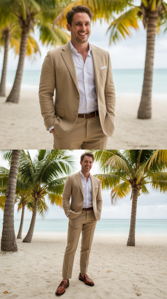 Tan Suit For Tropical Weddings
