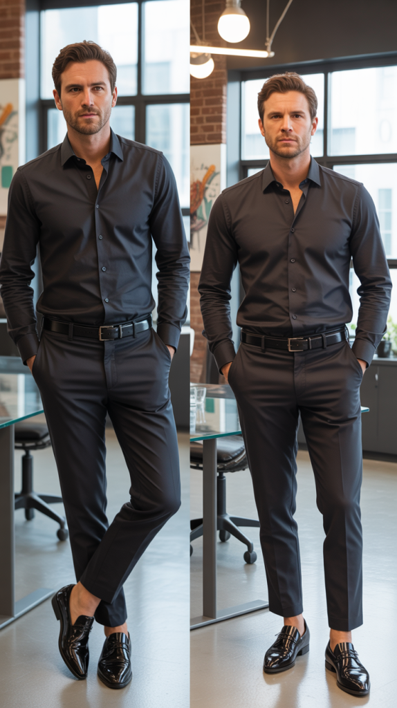  Black Button-Down Shirt with Ankle Pants