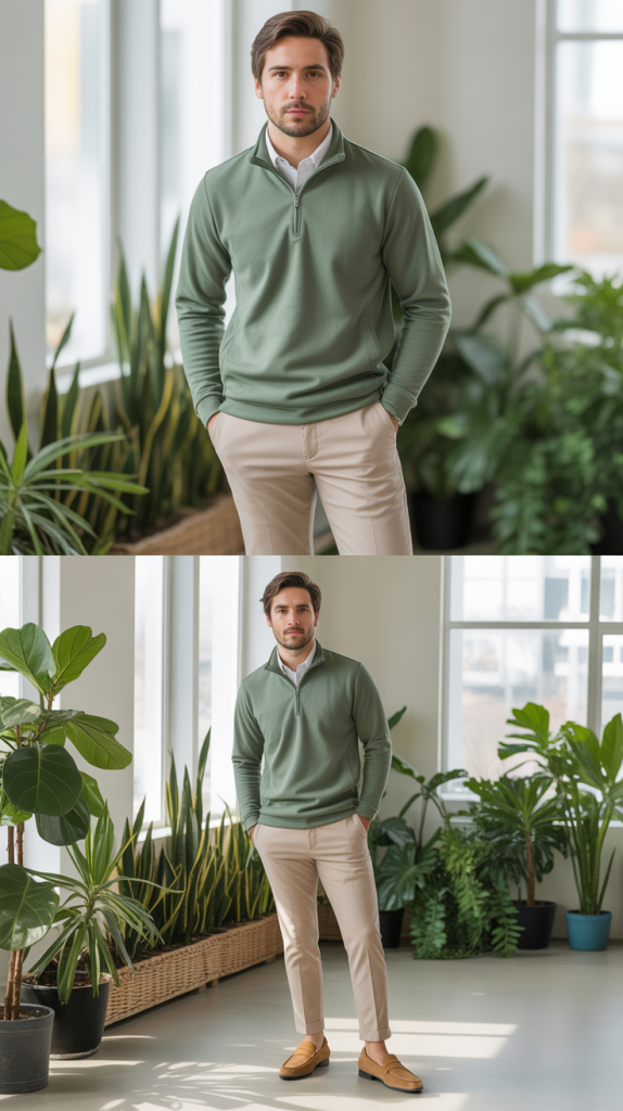 Sage Green Quarter-Zip with Stone Chinos