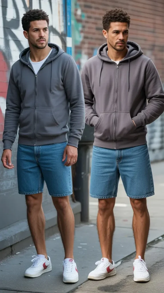 Hooded Zip-Up + Jorts + Retro Sneakers