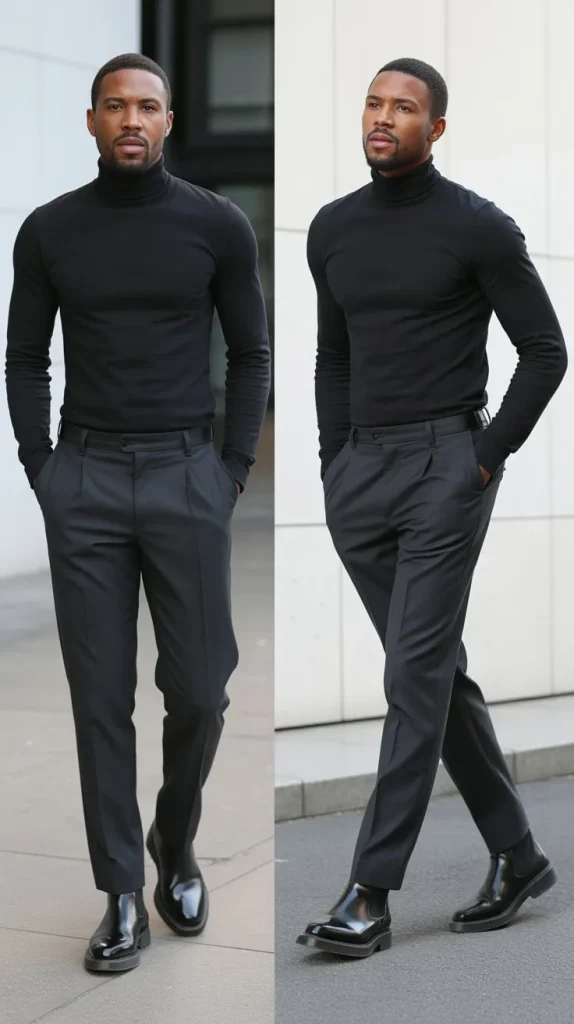 Slim Turtleneck and Tailored Trousers: The Intellectual Street Look