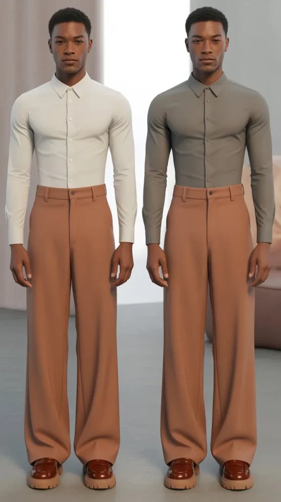 Long Sleeve Shirt Tucked Into Wide-Leg Pants