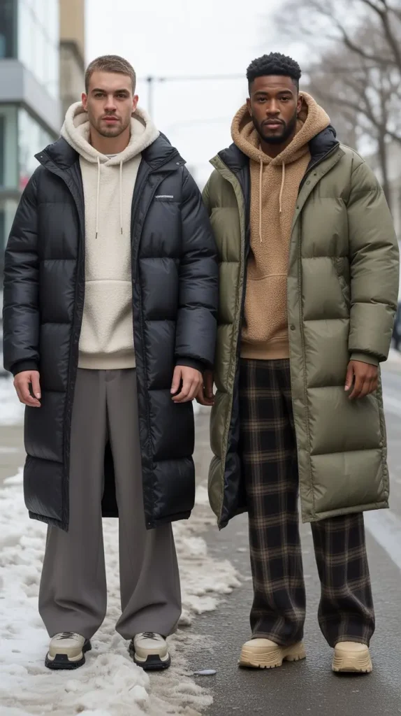 Sherpa Hoodie + Longline Puffer + Wide Leg Pants