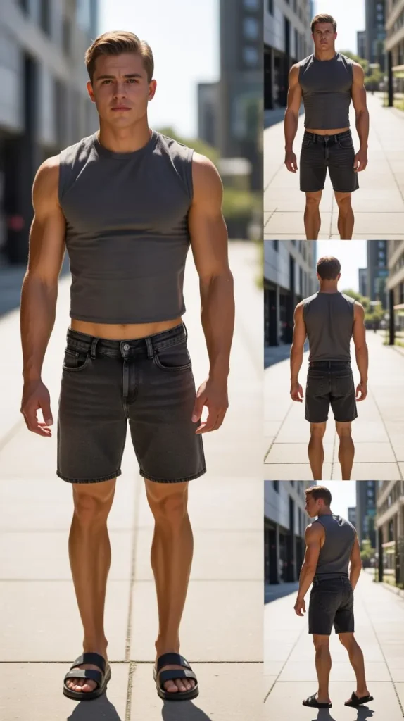 Sleeveless Muscle Tee + Jorts + Slides