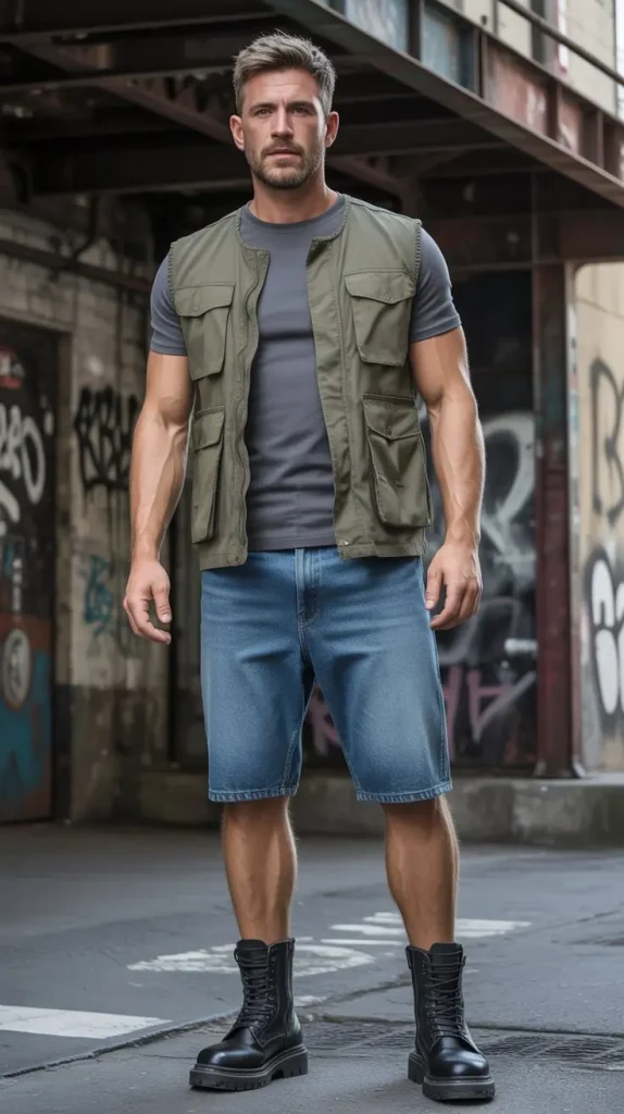 Cargo Vest + Plain Tee + Jorts + Boots