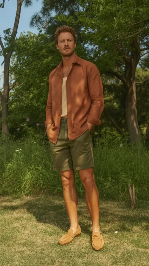 Earth Tone Button Up With Olive Shorts