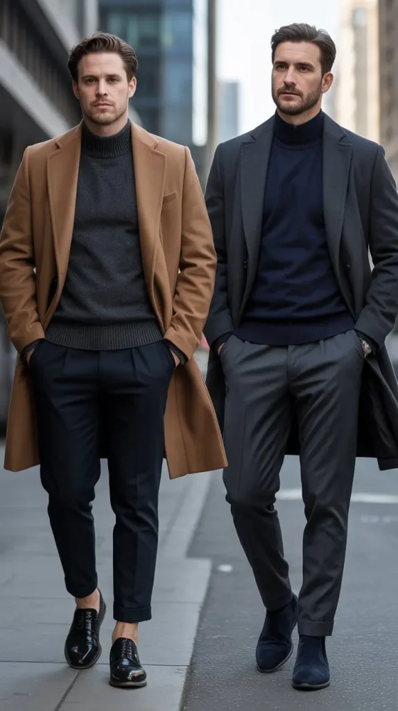 Mock Neck Sweater + Wool Overcoat + Tailored Joggers