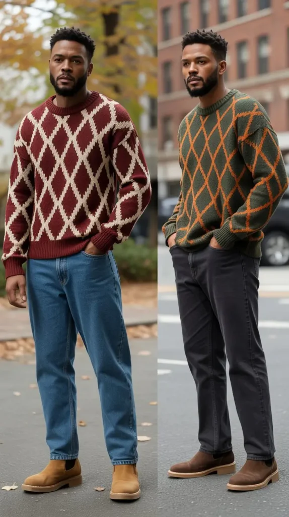 Patterned Knit Sweater and Raw Denim