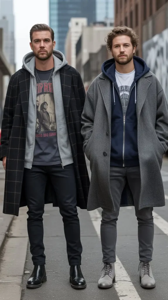 Band Tee + Hoodie + Oversize Wool Coat