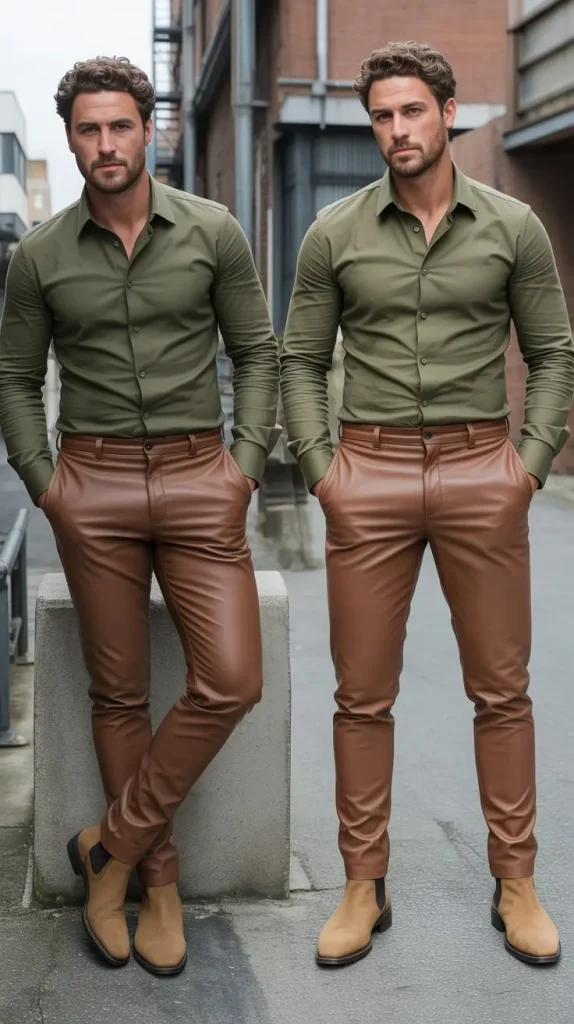  Olive Green Shirt with Brown Leather Trousers — Earthy and Bold