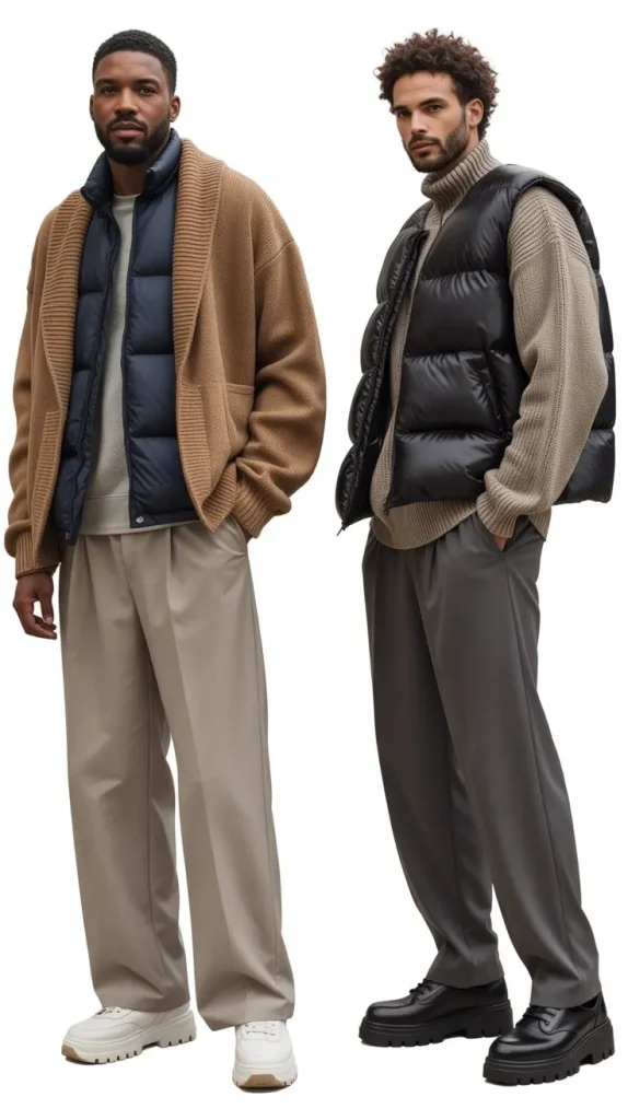 Oversized Knit Cardigan + Puffer Jacket + Relaxed Fit Trousers