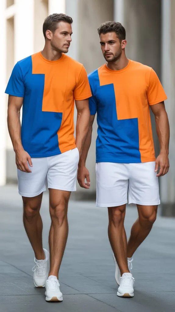 Color Block Tee + Neutral Shorts — The Bold Modern Statement