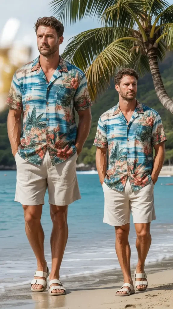 Hawaiian Print Button Up Shirt With Linen Shorts