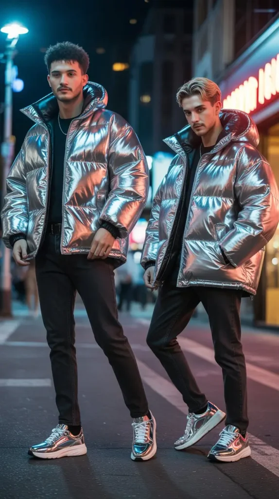 Puffer Jackets in Metallic or Shiny Fabrics