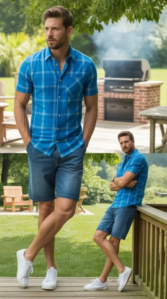 Short Sleeve Plaid Button Up With Denim Shorts