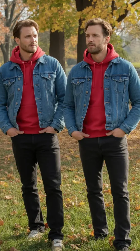 Red Hoodie Under Denim Jacket