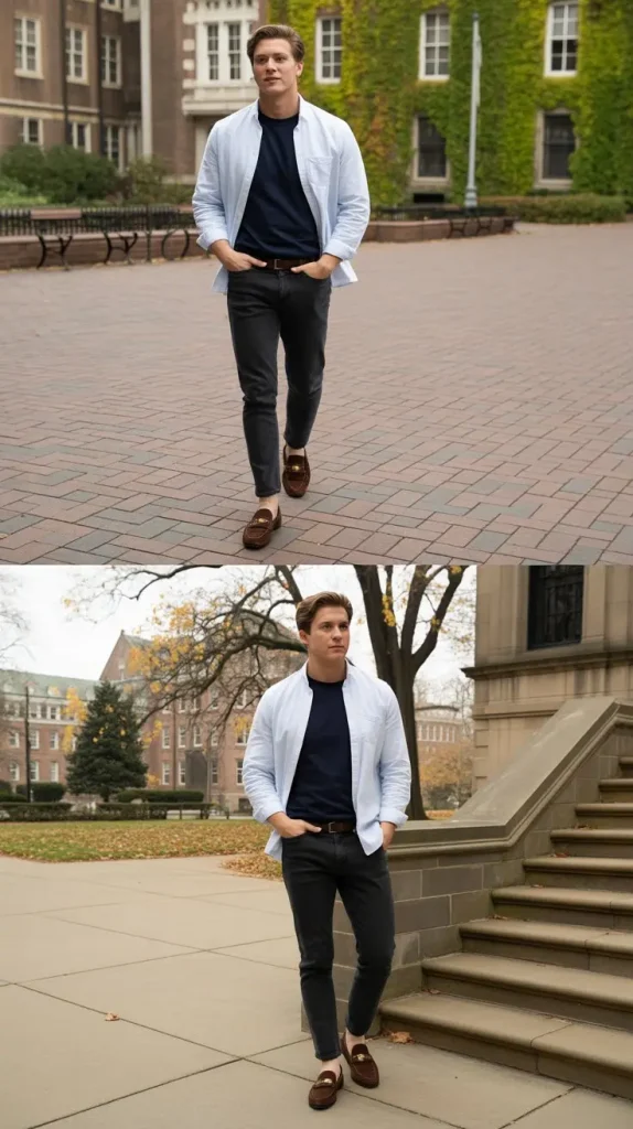 White Button Up Under a Crewneck Sweater — The Preppy Classic