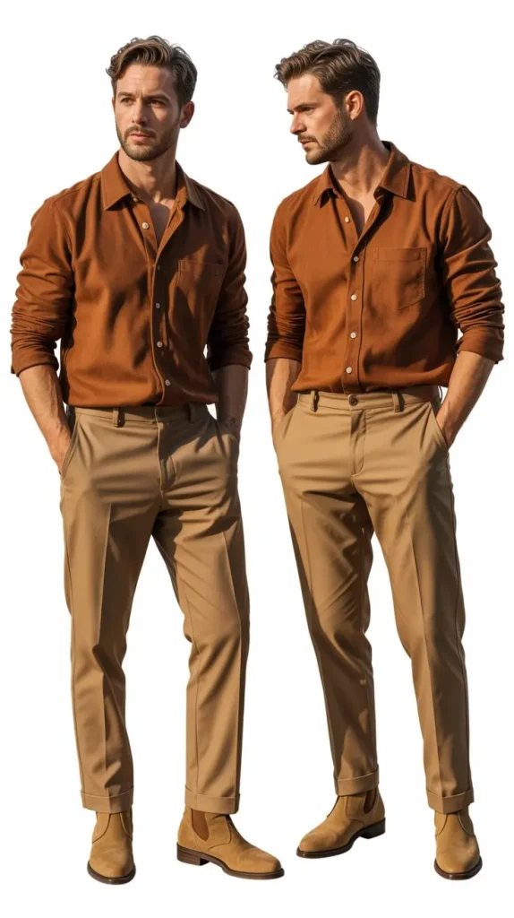 Earth Tone Button Up Shirt With Khaki Pants