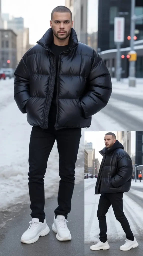 Black Puffer Jacket With Streetwear Bottoms