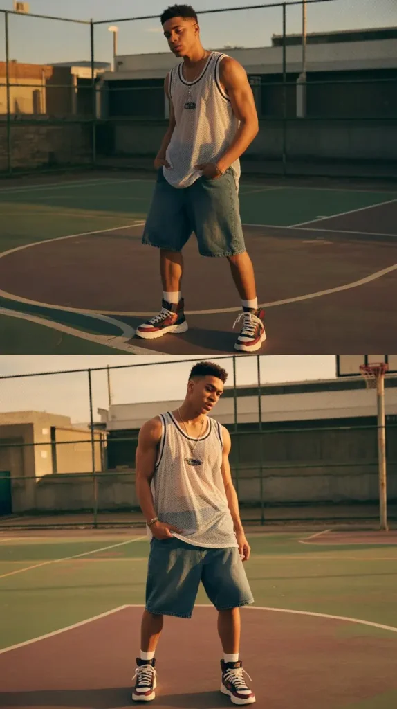 Mesh Jersey Top + Jorts + Athletic Sneakers