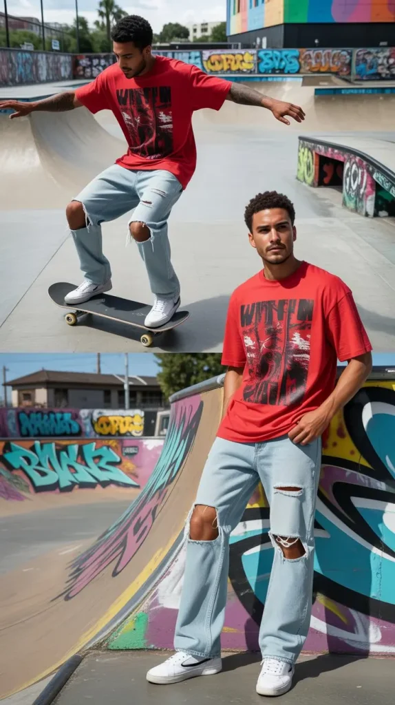 Red Graphic Tee with Distressed Denim