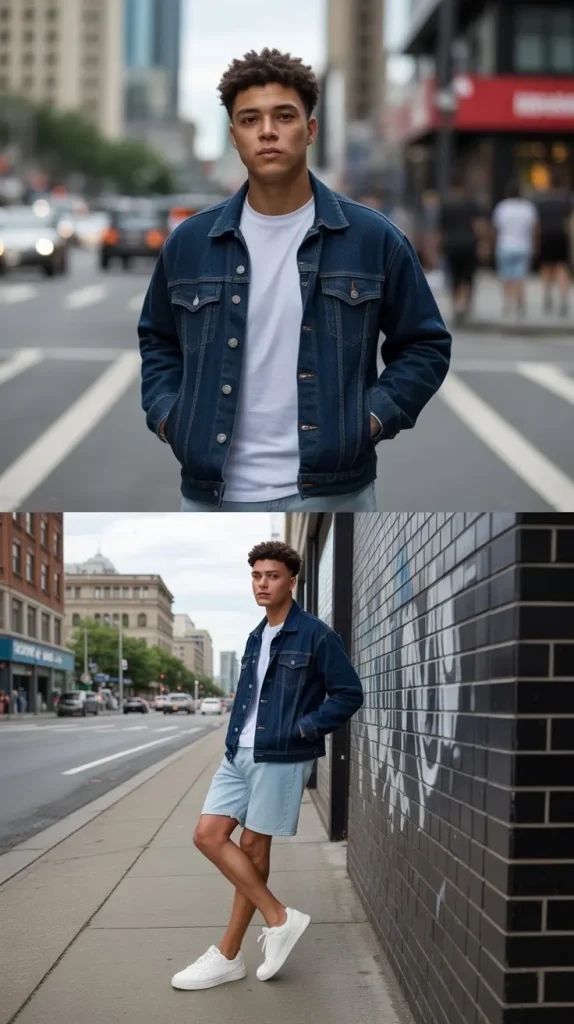 Denim Jacket + Jorts (Double Denim) + White Sneakers
