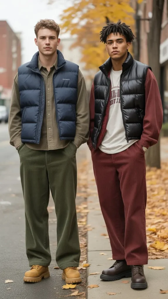 Baggy Corduroy Pants With a Puffer Vest
