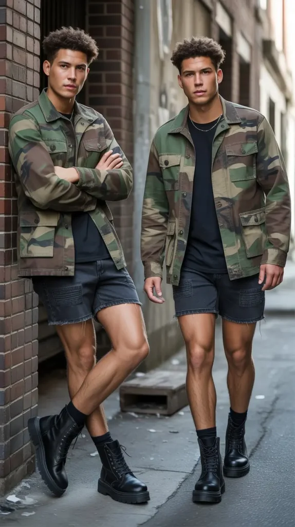 Camo Jacket + Black Tee + Jorts + Boots