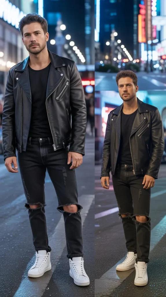 Black Leather Jacket With Distressed Jeans