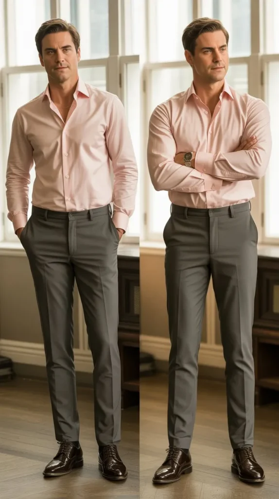 Pink Button Up Shirt with Charcoal Trousers — Confident and Fresh