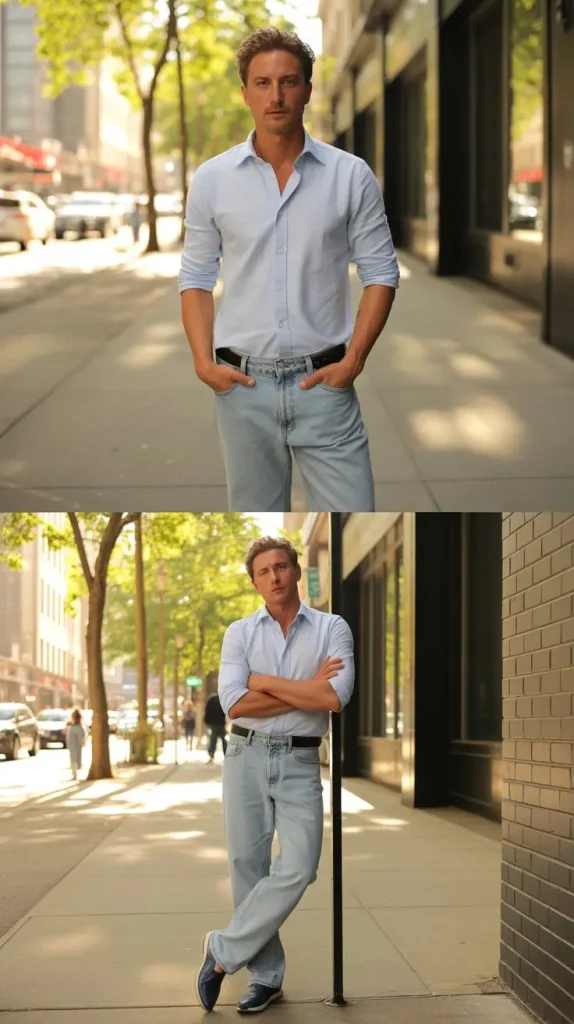 Light Blue Oxford Shirt With Rolled Sleeves and Jeans