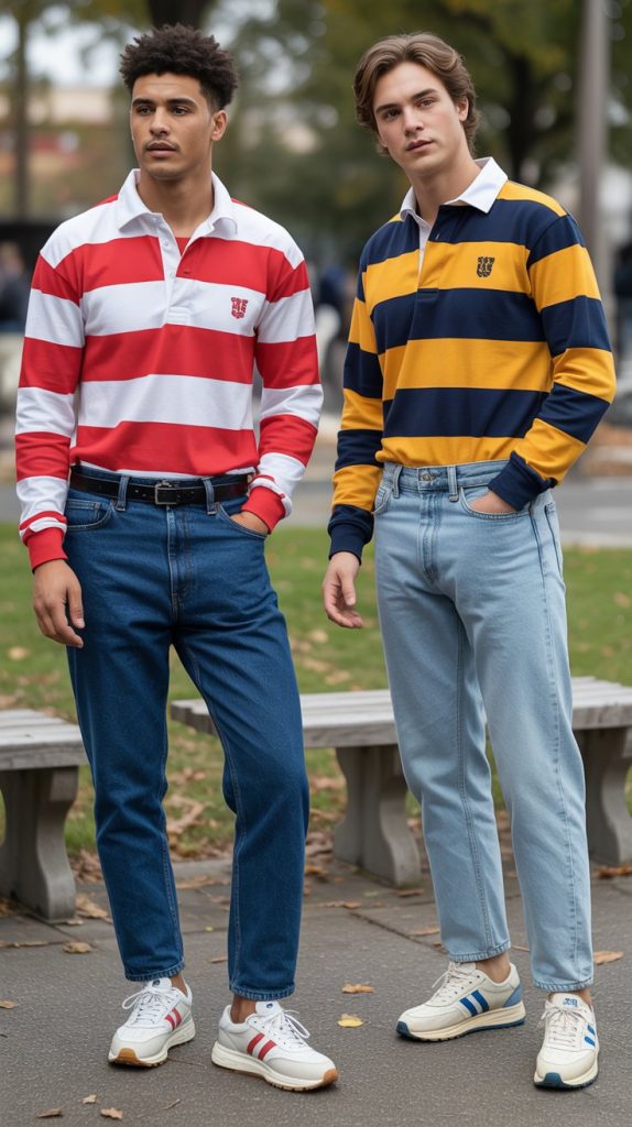  Low-Rise Jeans With a Striped Rugby Shirt