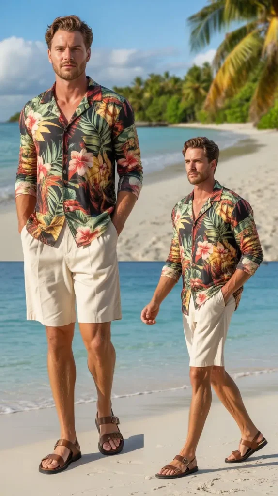 Long Sleeve Shirt With Bermuda Shorts and Sandals