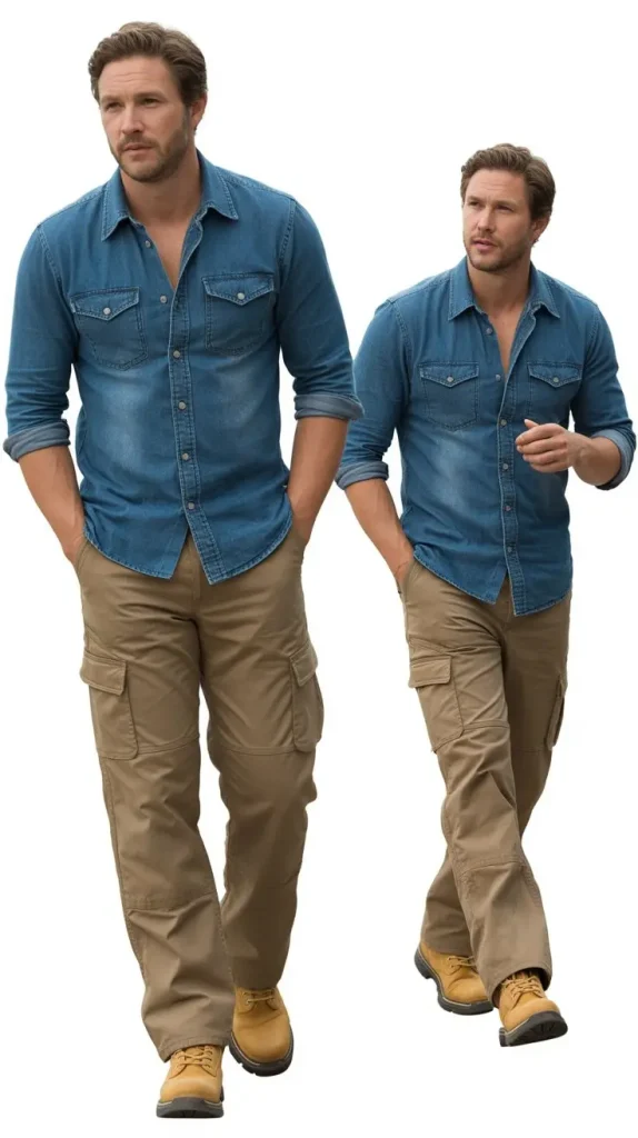 Denim Shirt with Khaki Cargo Pants — Casual Cool
